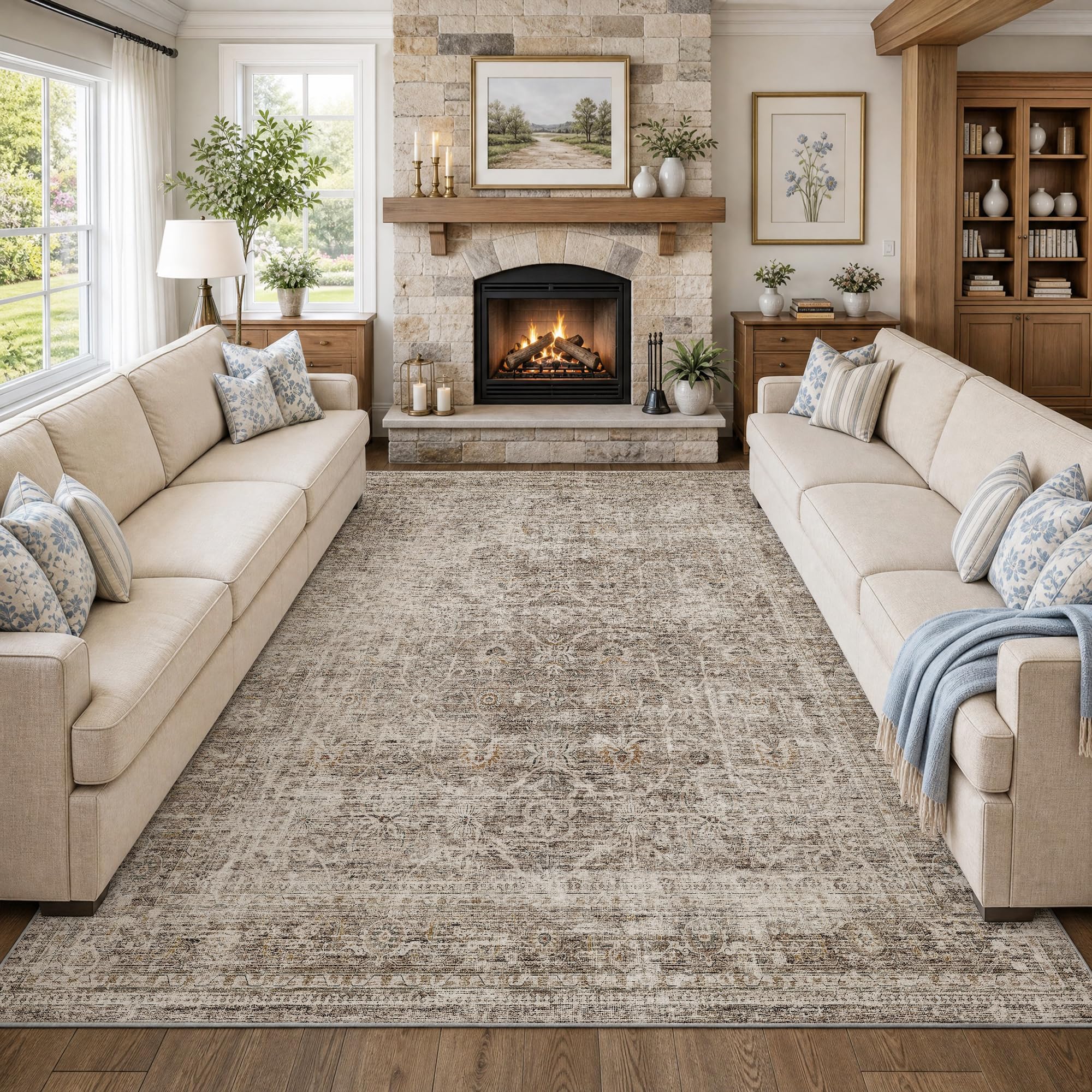 Fmfunctex 7x9 Washable Taupe Vintage Distressed Area Rug for